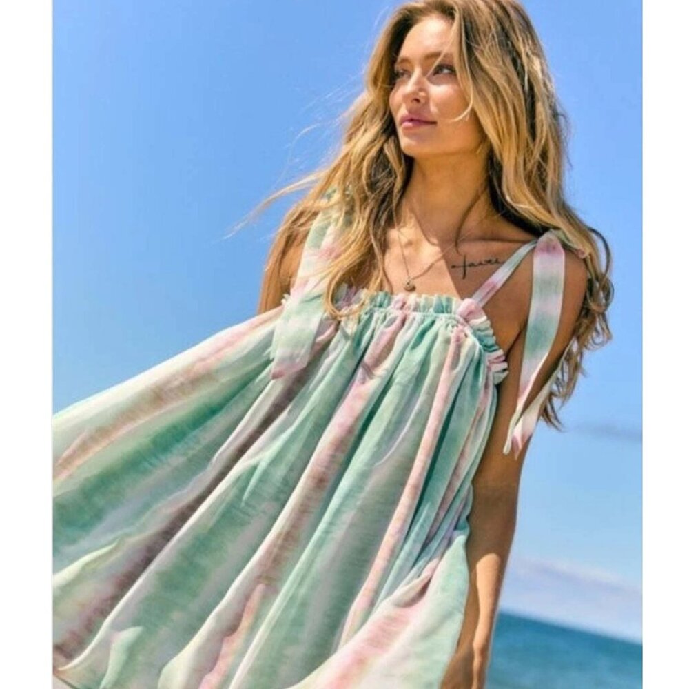 Davi & Dani Chiffon Overlay Dress Mint Green Pink Tie Strap L
